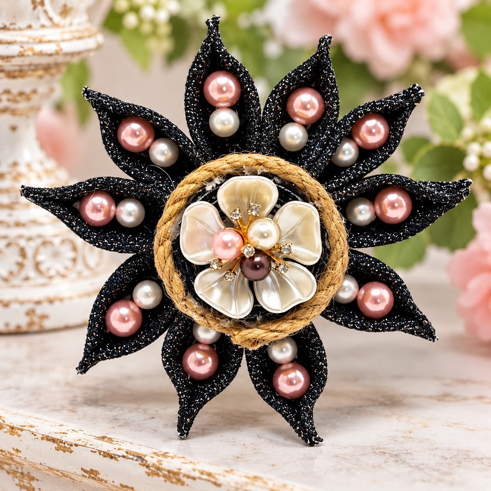 Handmade Glitter Denim Fabric Flower Magnet Pink White Faux Pearl Embellished 12